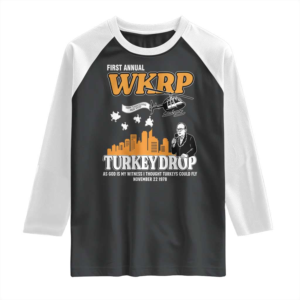WKRP Turkey Drop with Les Nessman Raglan Shirt Retro Thanksgiving Humor for Classic TV Fans TS02 Black White Print Your Wear