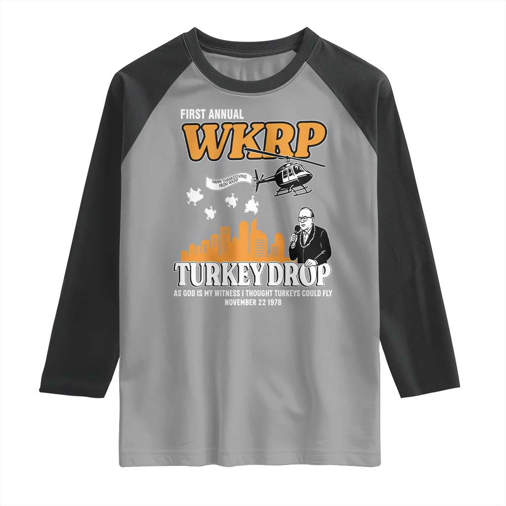 WKRP Turkey Drop with Les Nessman Raglan Shirt Retro Thanksgiving Humor for Classic TV Fans TS02 Sport Gray Black Print Your Wear
