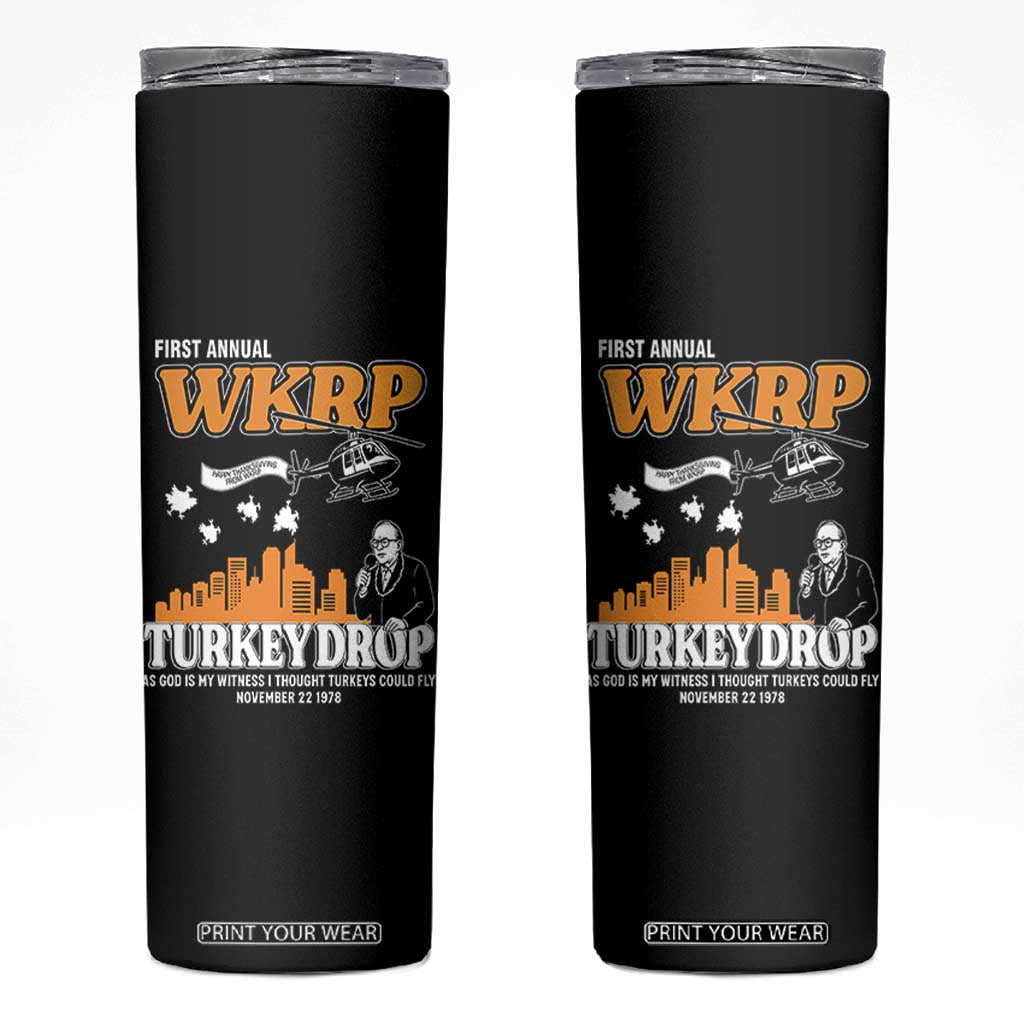 WKRP Turkey Drop with Les Nessman Skinny Tumbler Retro Thanksgiving Humor for Classic TV Fans TS02 Black Print Your Wear