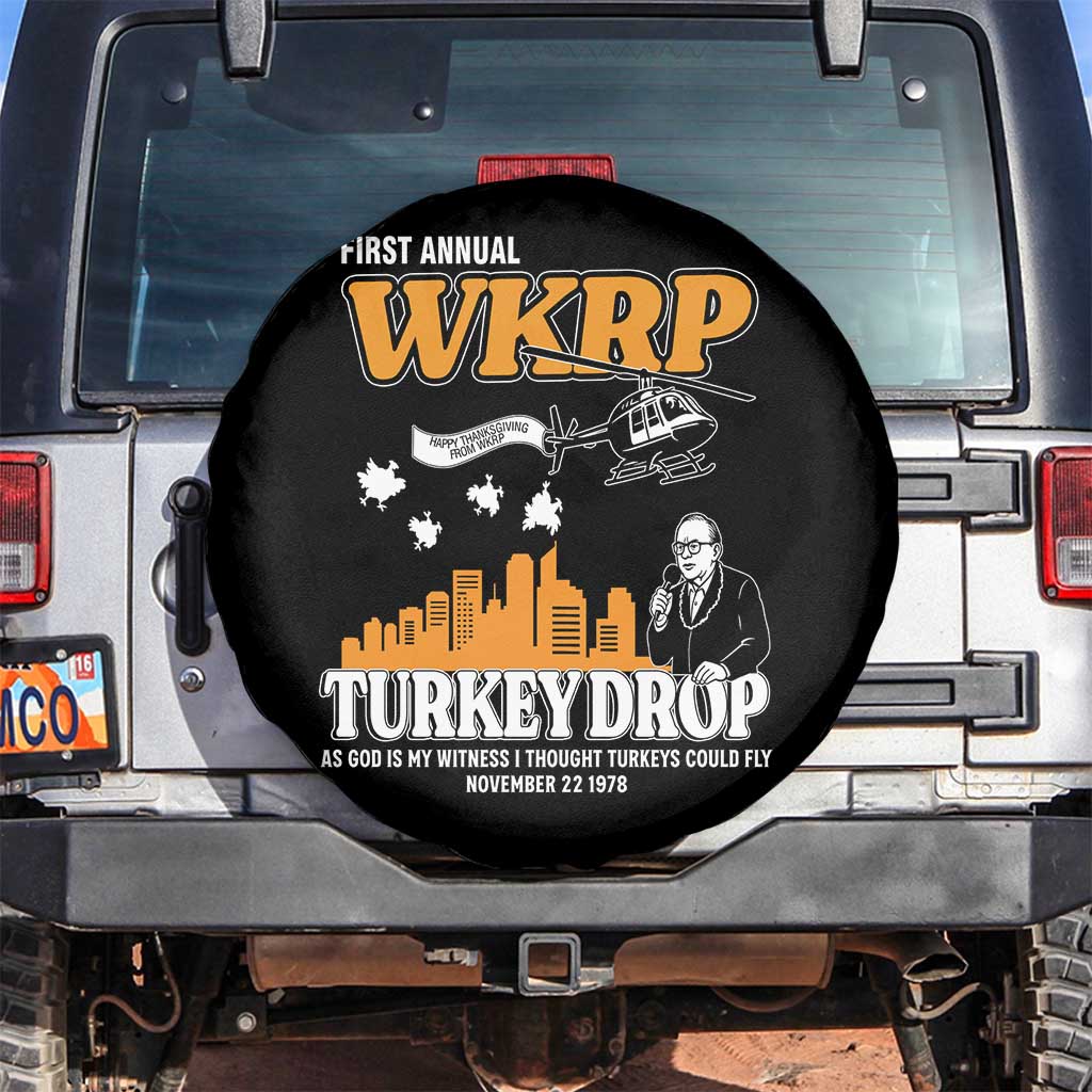 WKRP Turkey Drop with Les Nessman Spare Tire Cover Retro Thanksgiving Humor for Classic TV Fans TS02 No hole Black Print Your Wear