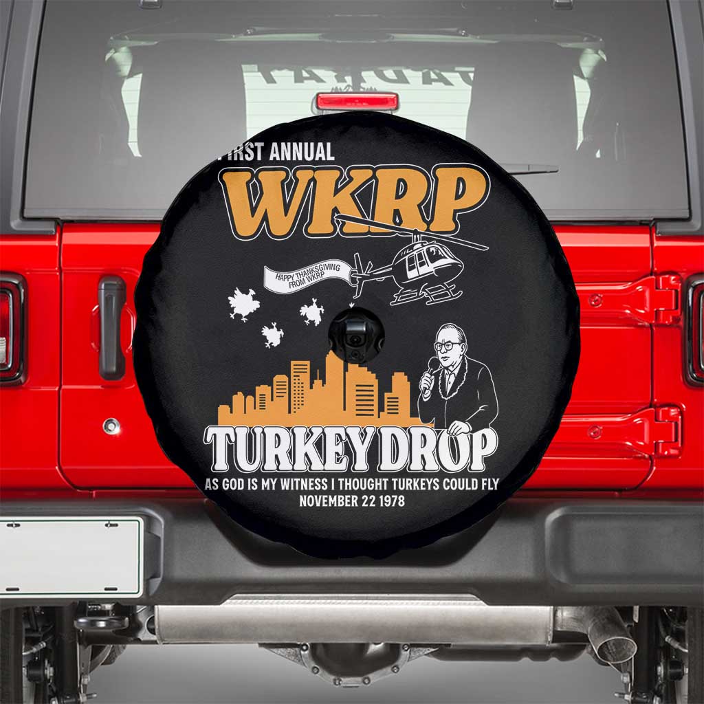 WKRP Turkey Drop with Les Nessman Spare Tire Cover Retro Thanksgiving Humor for Classic TV Fans TS02 Black Print Your Wear