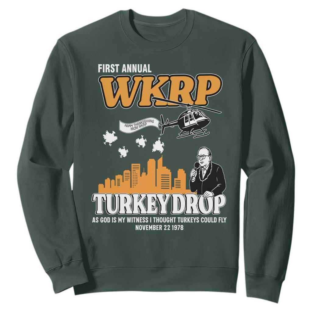 WKRP Turkey Drop with Les Nessman Sweatshirt Retro Thanksgiving Humor for Classic TV Fans TS02 Dark Forest Green Print Your Wear