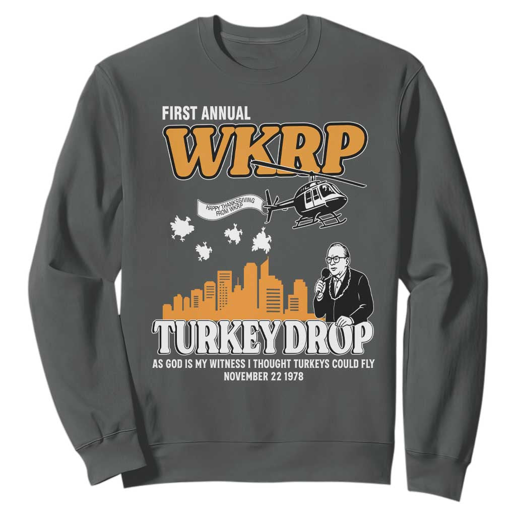 WKRP Turkey Drop with Les Nessman Sweatshirt Retro Thanksgiving Humor for Classic TV Fans TS02 Dark Heather Print Your Wear