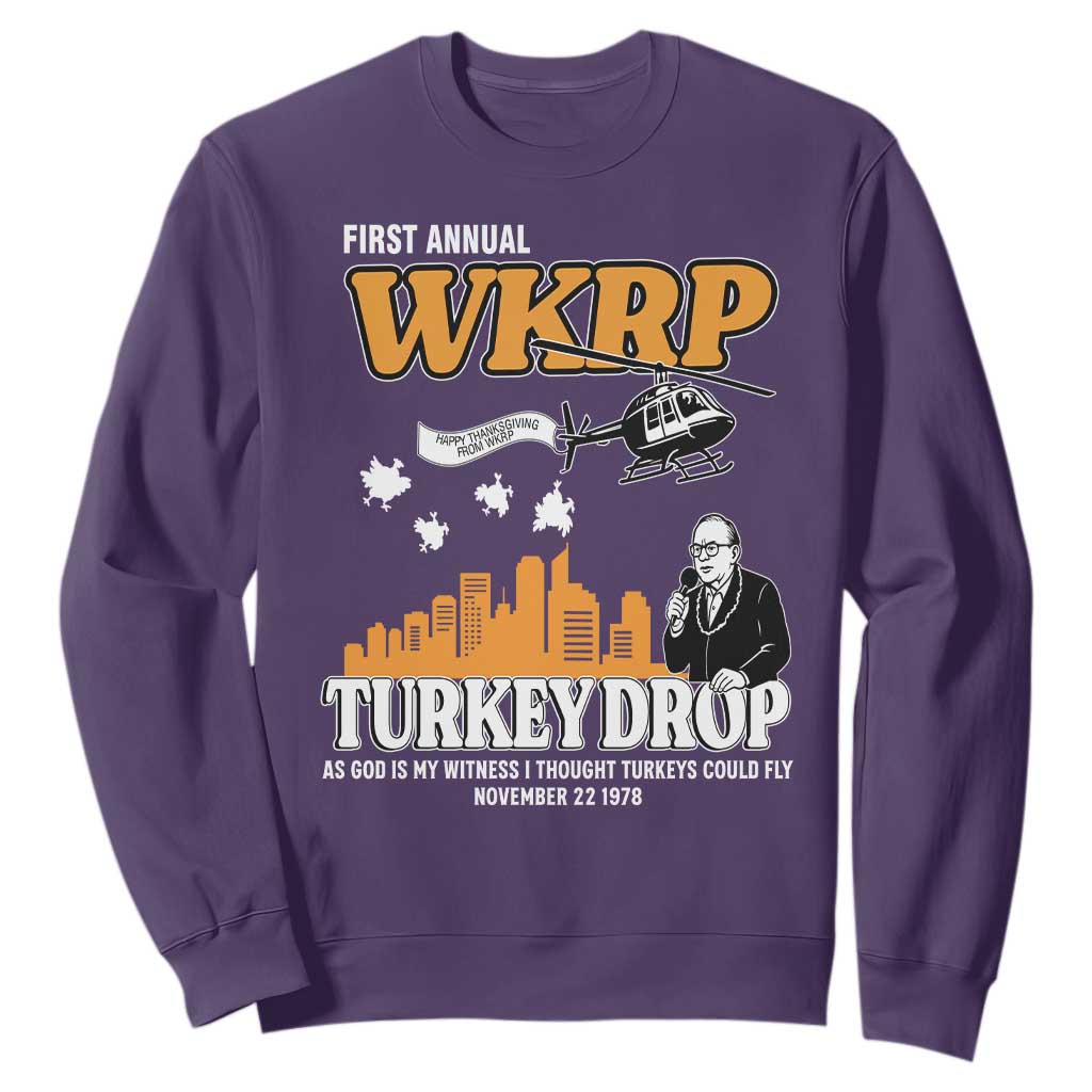 WKRP Turkey Drop with Les Nessman Sweatshirt Retro Thanksgiving Humor for Classic TV Fans TS02 Purple Print Your Wear