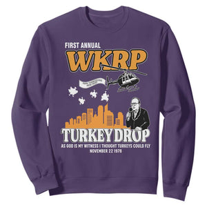 WKRP Turkey Drop with Les Nessman Sweatshirt Retro Thanksgiving Humor for Classic TV Fans TS02 Purple Print Your Wear