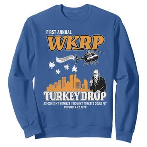 WKRP Turkey Drop with Les Nessman Sweatshirt Retro Thanksgiving Humor for Classic TV Fans TS02 Royal Blue Print Your Wear