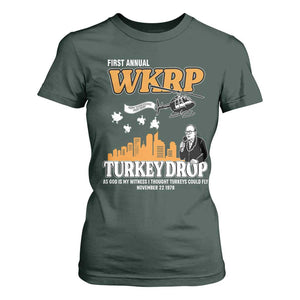 WKRP Turkey Drop with Les Nessman T Shirt For Women Retro Thanksgiving Humor for Classic TV Fans TS02 Dark Forest Green Print Your Wear