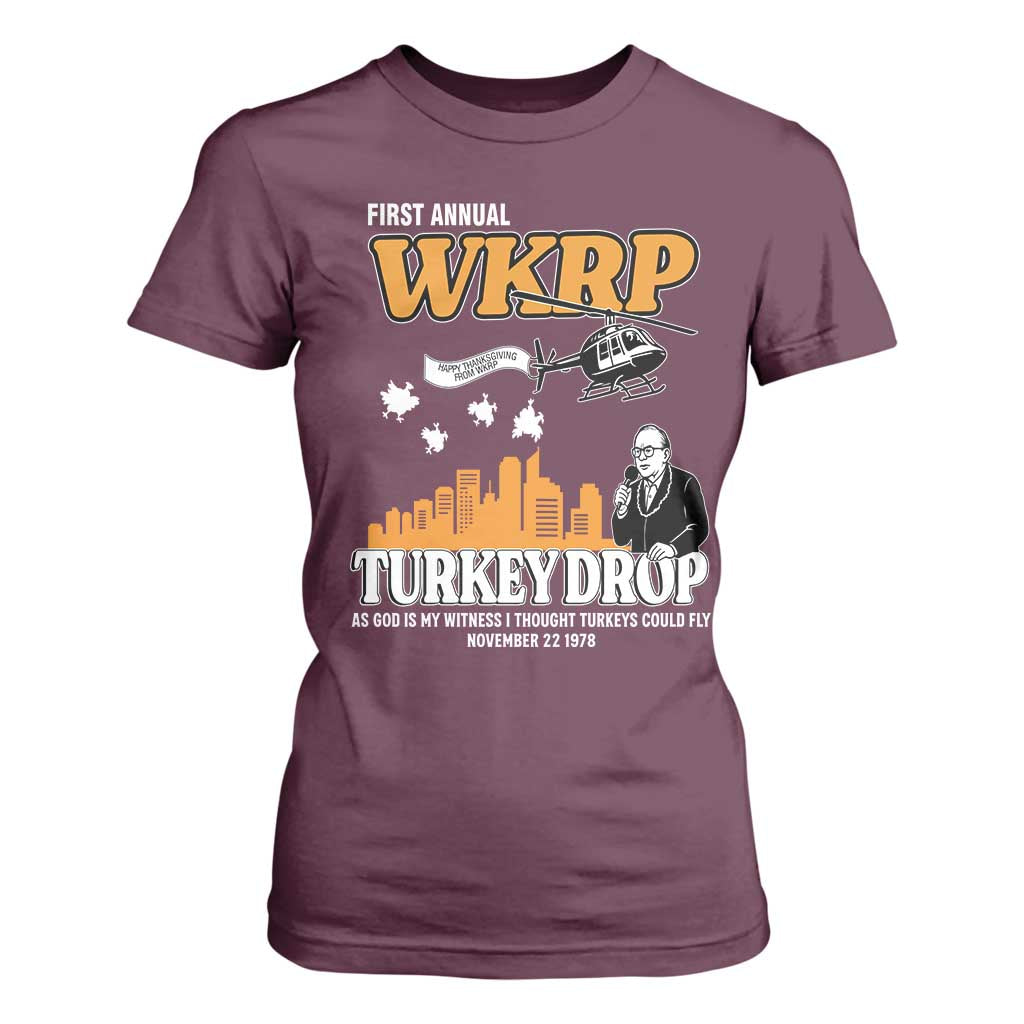WKRP Turkey Drop with Les Nessman T Shirt For Women Retro Thanksgiving Humor for Classic TV Fans TS02 Maroon Print Your Wear