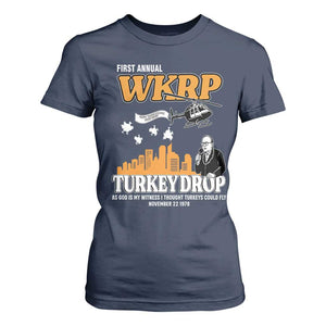 WKRP Turkey Drop with Les Nessman T Shirt For Women Retro Thanksgiving Humor for Classic TV Fans TS02 Navy Print Your Wear