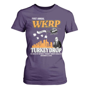 WKRP Turkey Drop with Les Nessman T Shirt For Women Retro Thanksgiving Humor for Classic TV Fans TS02 Purple Print Your Wear