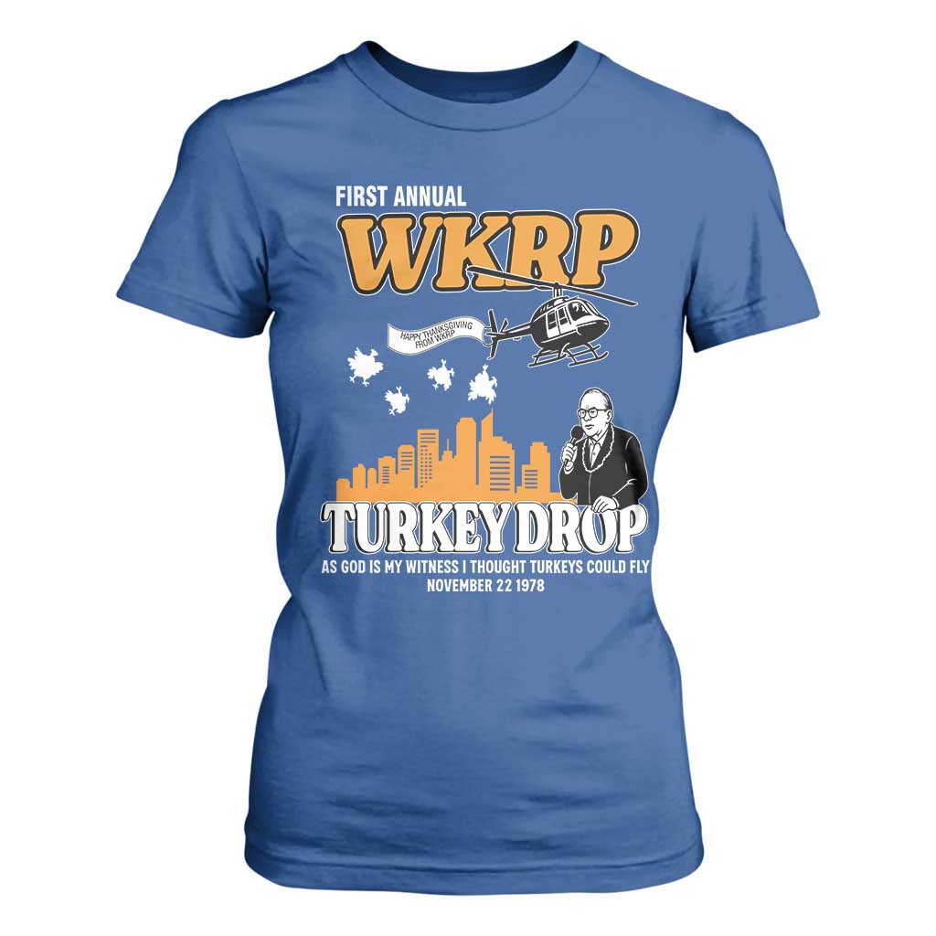 WKRP Turkey Drop with Les Nessman T Shirt For Women Retro Thanksgiving Humor for Classic TV Fans TS02 Royal Blue Print Your Wear
