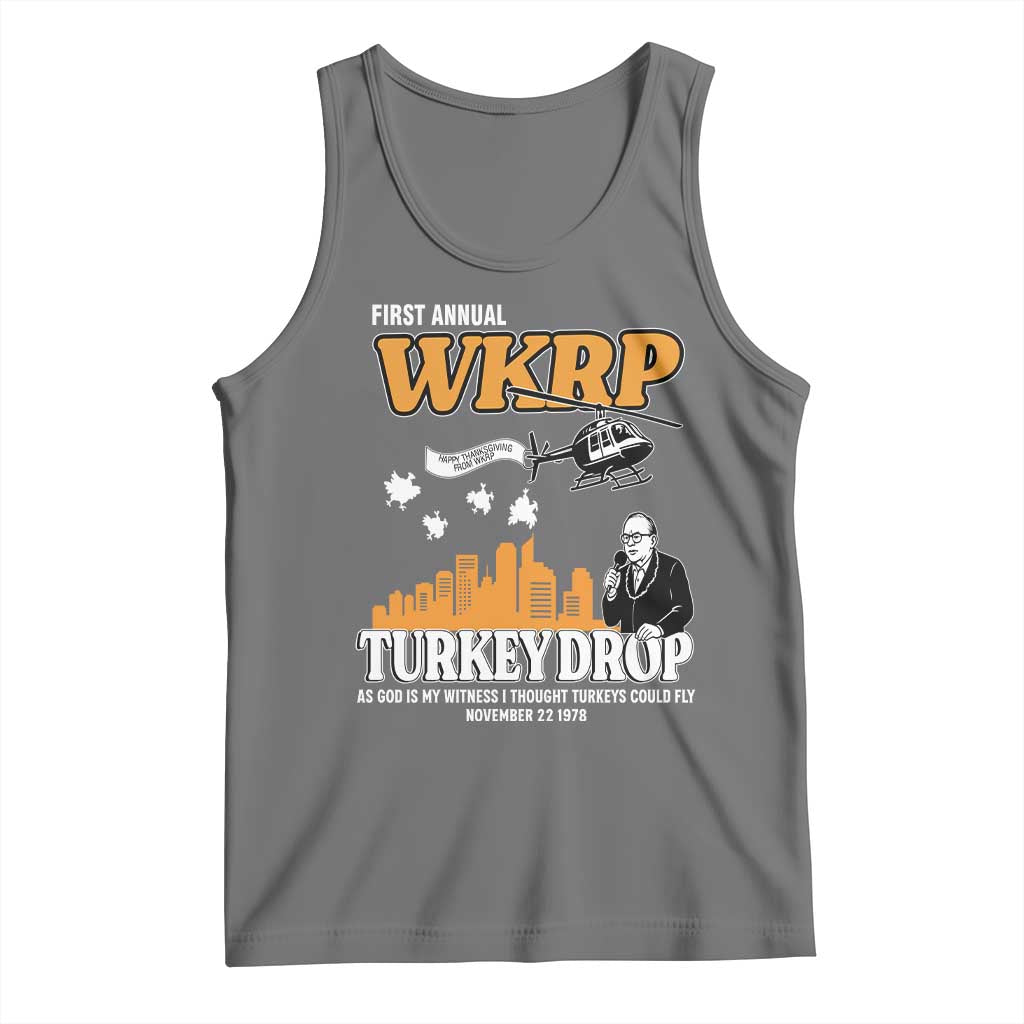 WKRP Turkey Drop with Les Nessman Tank Top Retro Thanksgiving Humor for Classic TV Fans TS02 Black Heather Print Your Wear