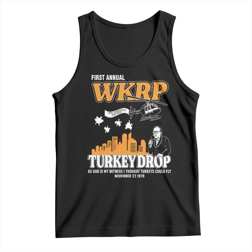 WKRP Turkey Drop with Les Nessman Tank Top Retro Thanksgiving Humor for Classic TV Fans TS02 Black Print Your Wear