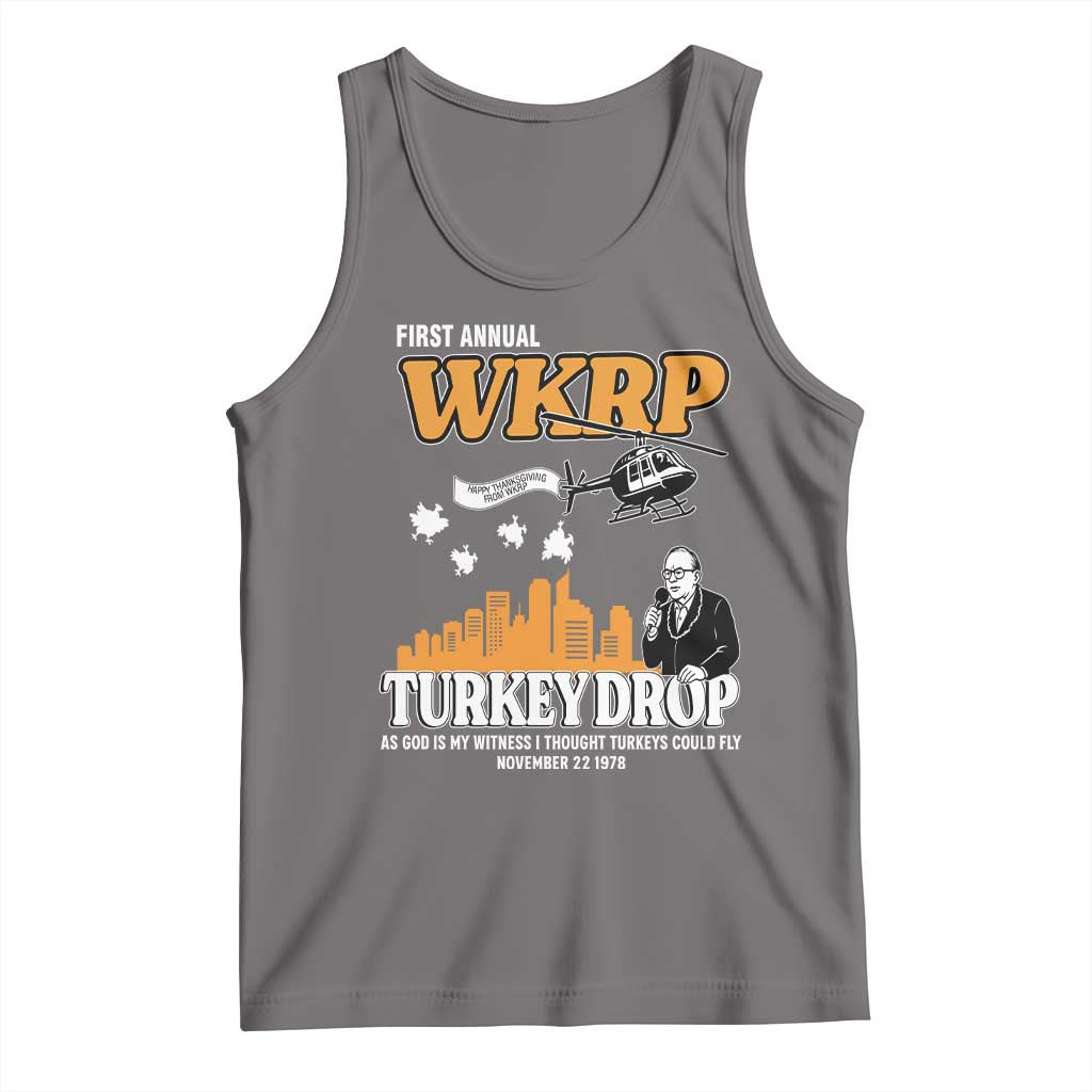 WKRP Turkey Drop with Les Nessman Tank Top Retro Thanksgiving Humor for Classic TV Fans TS02 Deep Heather Print Your Wear