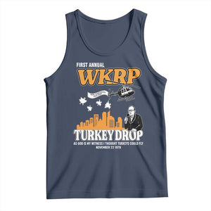 WKRP Turkey Drop with Les Nessman Tank Top Retro Thanksgiving Humor for Classic TV Fans TS02 Navy Print Your Wear