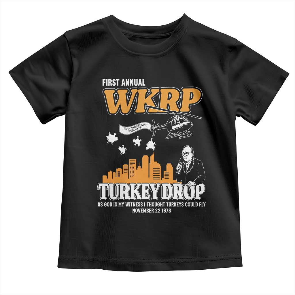 WKRP Turkey Drop with Les Nessman Toddler T Shirt Retro Thanksgiving Humor for Classic TV Fans TS02 Black Print Your Wear