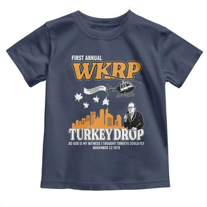 WKRP Turkey Drop with Les Nessman Toddler T Shirt Retro Thanksgiving Humor for Classic TV Fans TS02 Navy Print Your Wear
