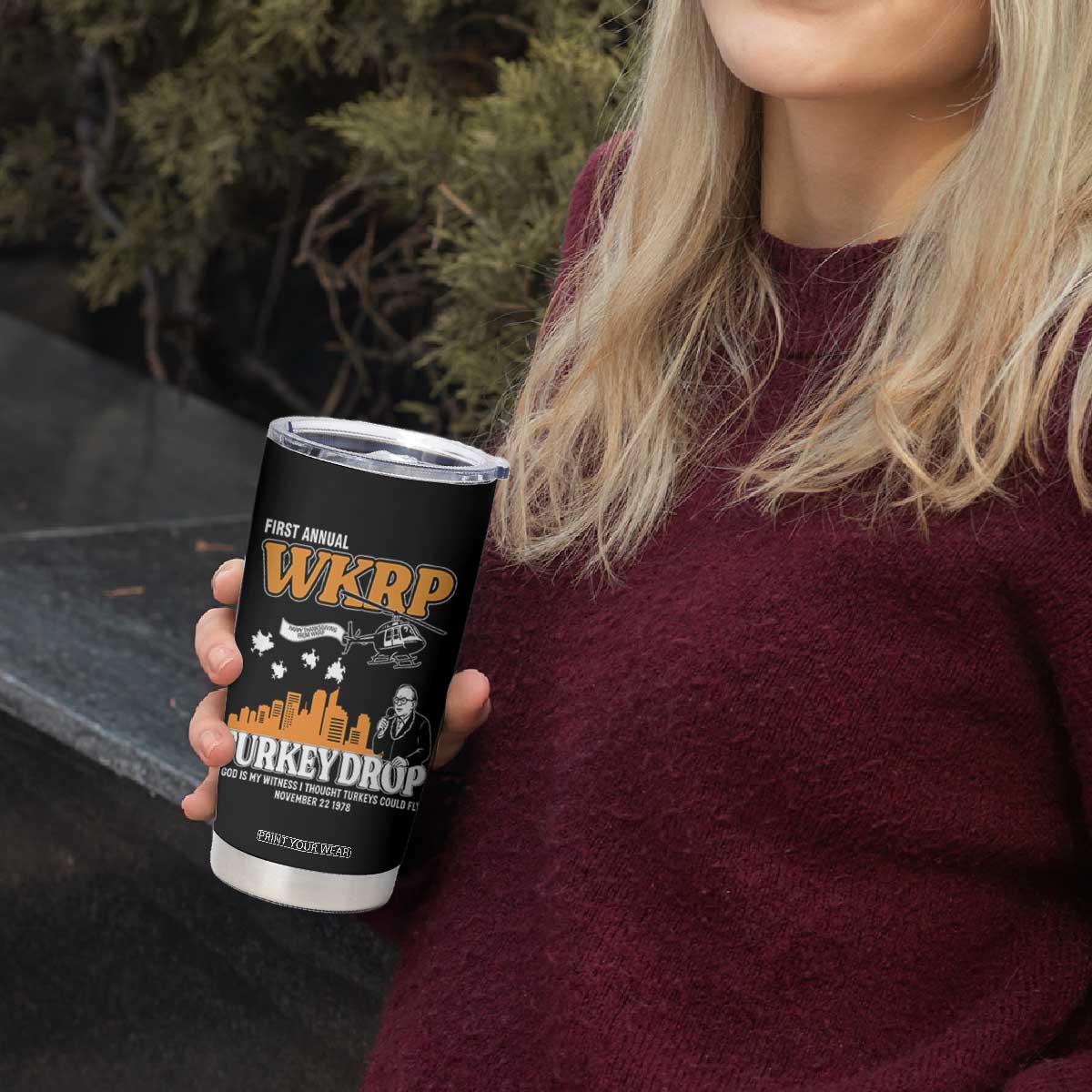 WKRP Turkey Drop with Les Nessman Tumbler Cup Retro Thanksgiving Humor for Classic TV Fans TS02 Print Your Wear