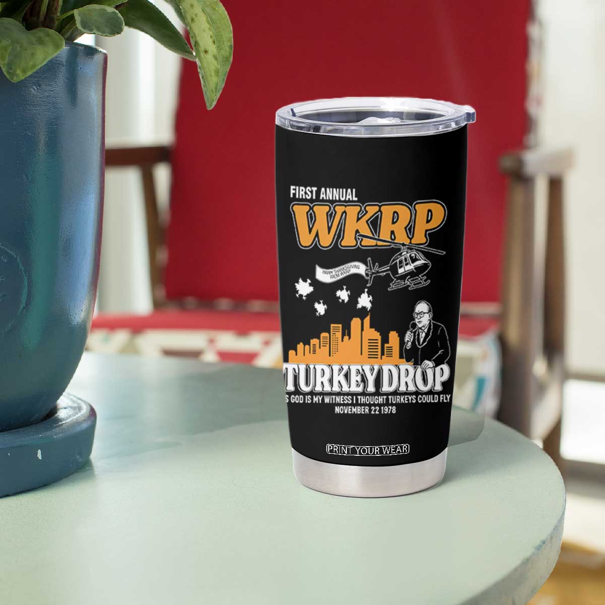 WKRP Turkey Drop with Les Nessman Tumbler Cup Retro Thanksgiving Humor for Classic TV Fans TS02 Print Your Wear