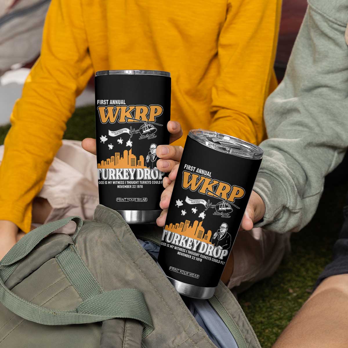 WKRP Turkey Drop with Les Nessman Tumbler Cup Retro Thanksgiving Humor for Classic TV Fans TS02 Print Your Wear