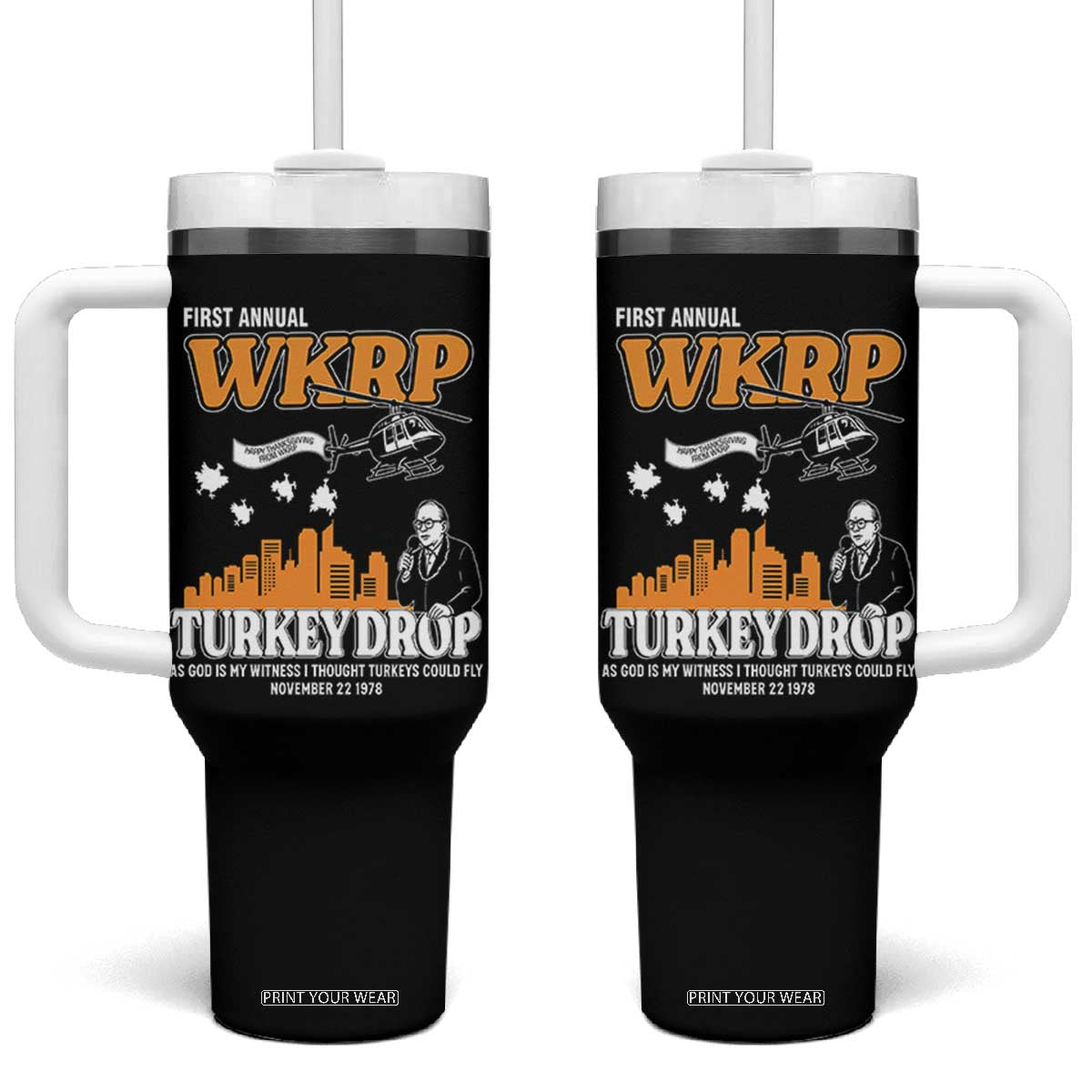 WKRP Turkey Drop with Les Nessman Tumbler With Handle Retro Thanksgiving Humor for Classic TV Fans TS02 One Size: 40 oz Black Print Your Wear