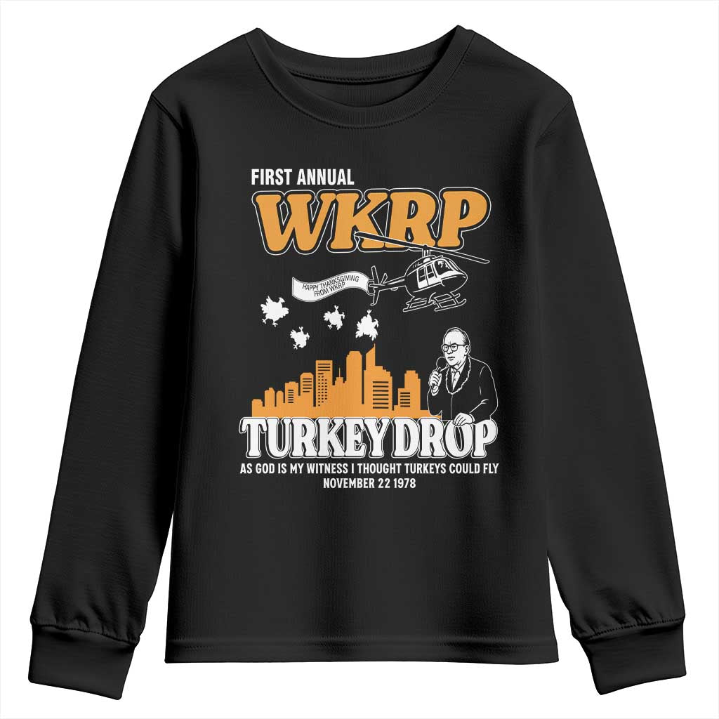 WKRP Turkey Drop with Les Nessman Youth Sweatshirt Retro Thanksgiving Humor for Classic TV Fans TS02 Black Print Your Wear