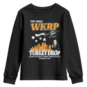 WKRP Turkey Drop with Les Nessman Youth Sweatshirt Retro Thanksgiving Humor for Classic TV Fans TS02 Black Print Your Wear