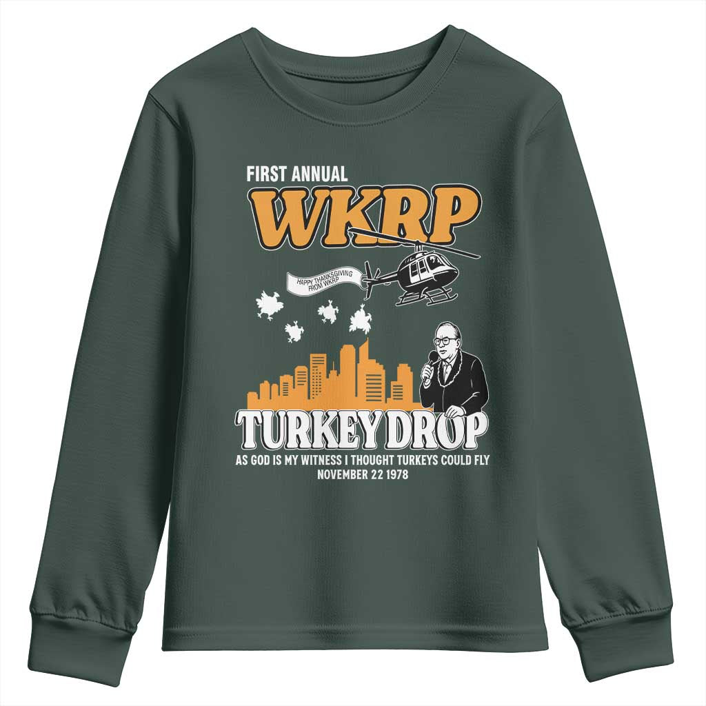WKRP Turkey Drop with Les Nessman Youth Sweatshirt Retro Thanksgiving Humor for Classic TV Fans TS02 Dark Forest Green Print Your Wear