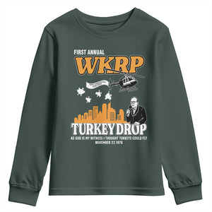 WKRP Turkey Drop with Les Nessman Youth Sweatshirt Retro Thanksgiving Humor for Classic TV Fans TS02 Dark Forest Green Print Your Wear
