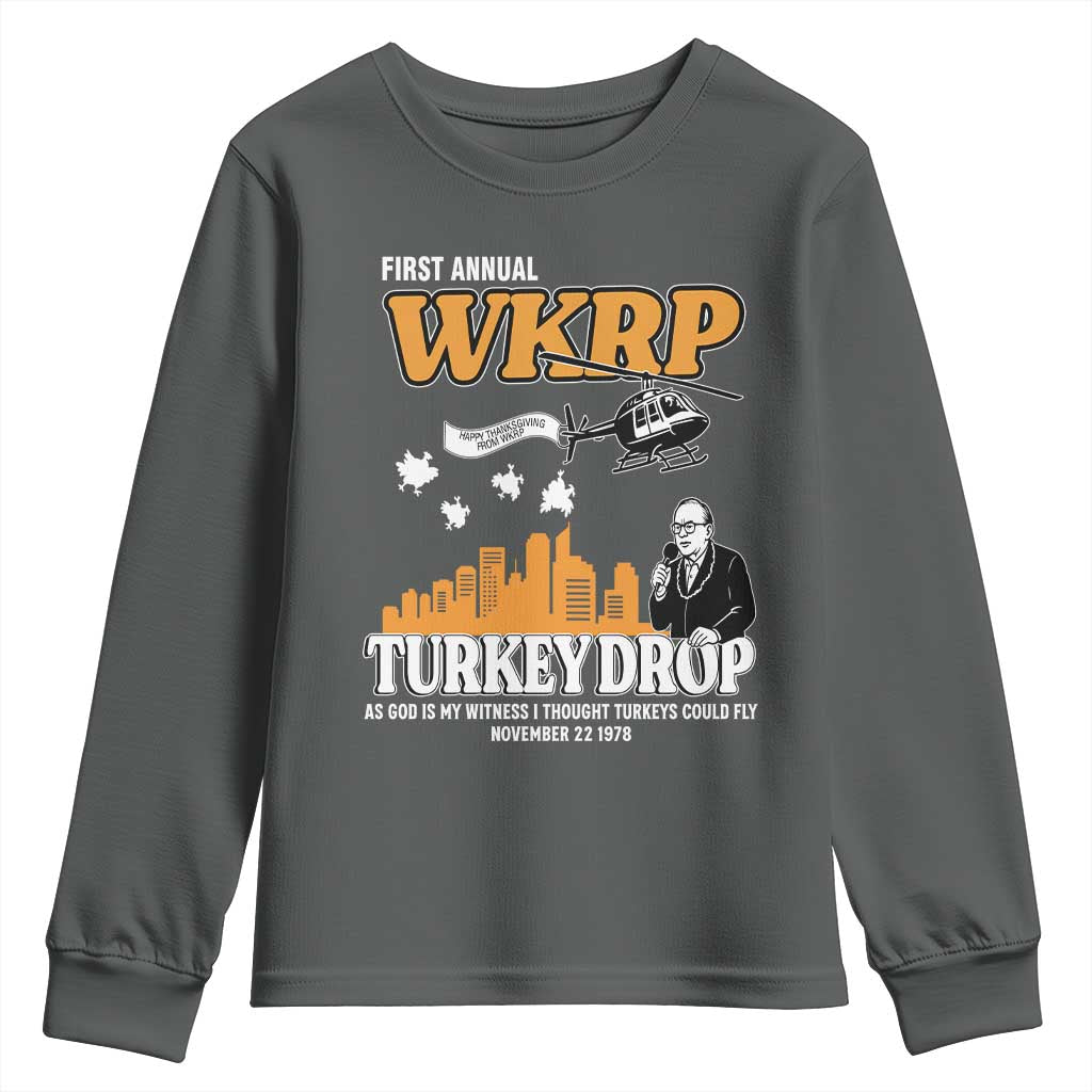 WKRP Turkey Drop with Les Nessman Youth Sweatshirt Retro Thanksgiving Humor for Classic TV Fans TS02 Dark Heather Print Your Wear