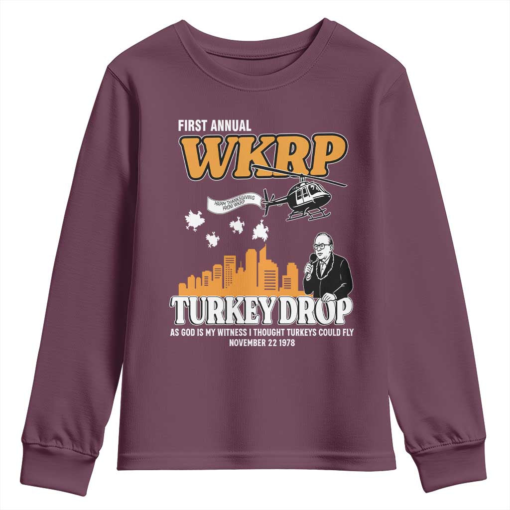 WKRP Turkey Drop with Les Nessman Youth Sweatshirt Retro Thanksgiving Humor for Classic TV Fans TS02 Maroon Print Your Wear