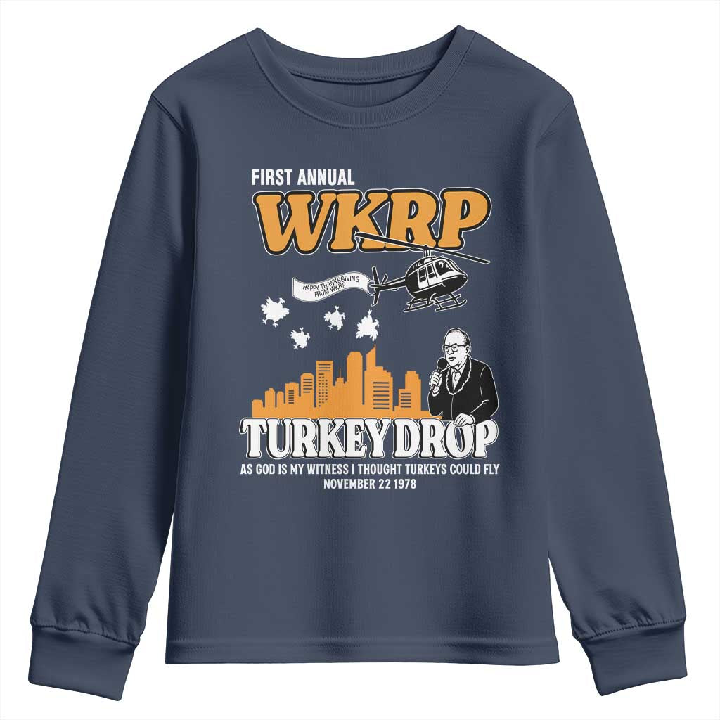 WKRP Turkey Drop with Les Nessman Youth Sweatshirt Retro Thanksgiving Humor for Classic TV Fans TS02 Navy Print Your Wear