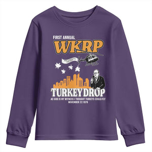 WKRP Turkey Drop with Les Nessman Youth Sweatshirt Retro Thanksgiving Humor for Classic TV Fans TS02 Purple Print Your Wear