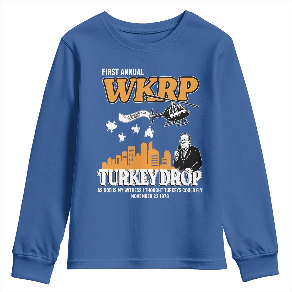 WKRP Turkey Drop with Les Nessman Youth Sweatshirt Retro Thanksgiving Humor for Classic TV Fans TS02 Royal Blue Print Your Wear