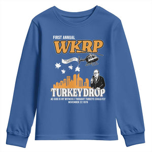 WKRP Turkey Drop with Les Nessman Youth Sweatshirt Retro Thanksgiving Humor for Classic TV Fans TS02 Royal Blue Print Your Wear