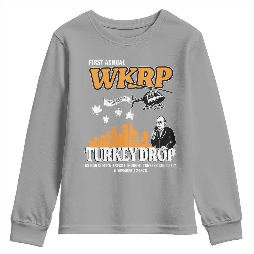 WKRP Turkey Drop with Les Nessman Youth Sweatshirt Retro Thanksgiving Humor for Classic TV Fans TS02 Sport Gray Print Your Wear