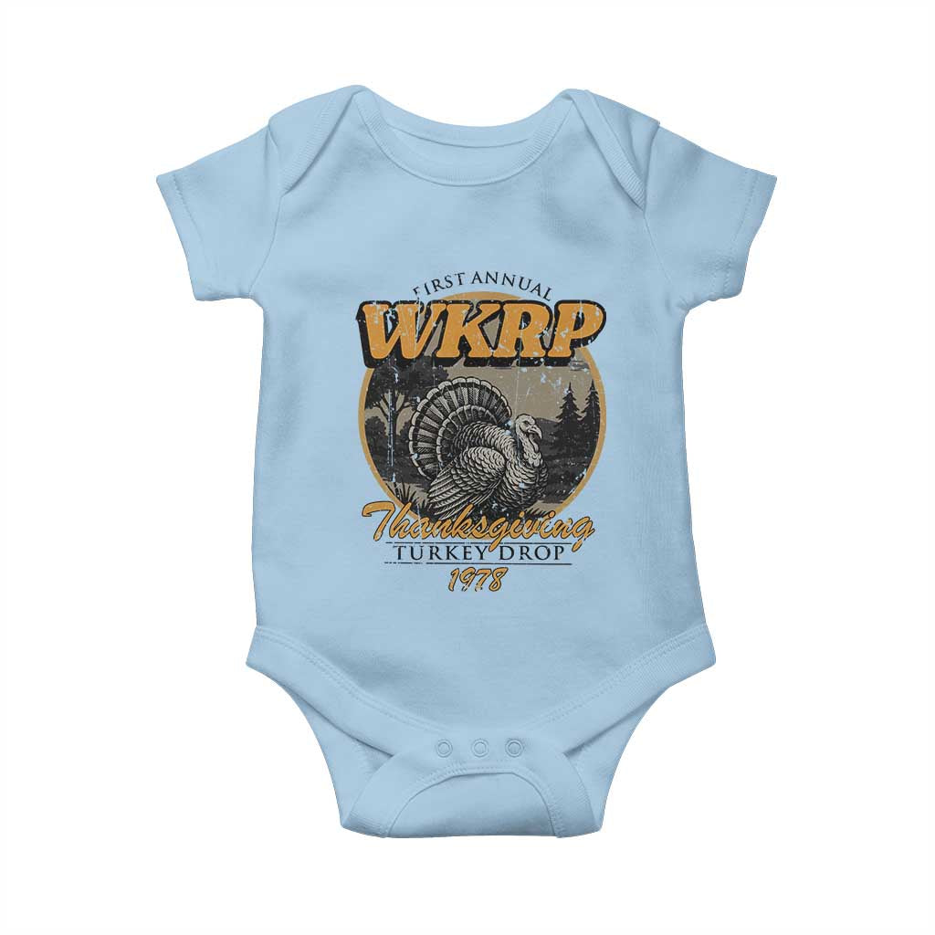 Retro WKRP Thanksgiving Turkey Drop 1978 Baby Onesie Distressed Vintage Holiday TS02 Light Blue Print Your Wear