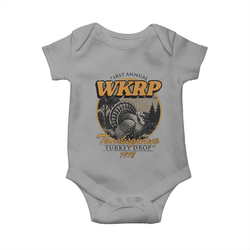 Retro WKRP Thanksgiving Turkey Drop 1978 Baby Onesie Distressed Vintage Holiday TS02 Sport Gray Print Your Wear