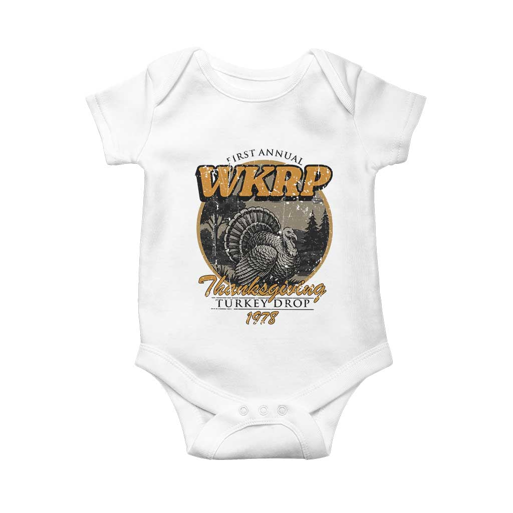 Retro WKRP Thanksgiving Turkey Drop 1978 Baby Onesie Distressed Vintage Holiday TS02 White Print Your Wear