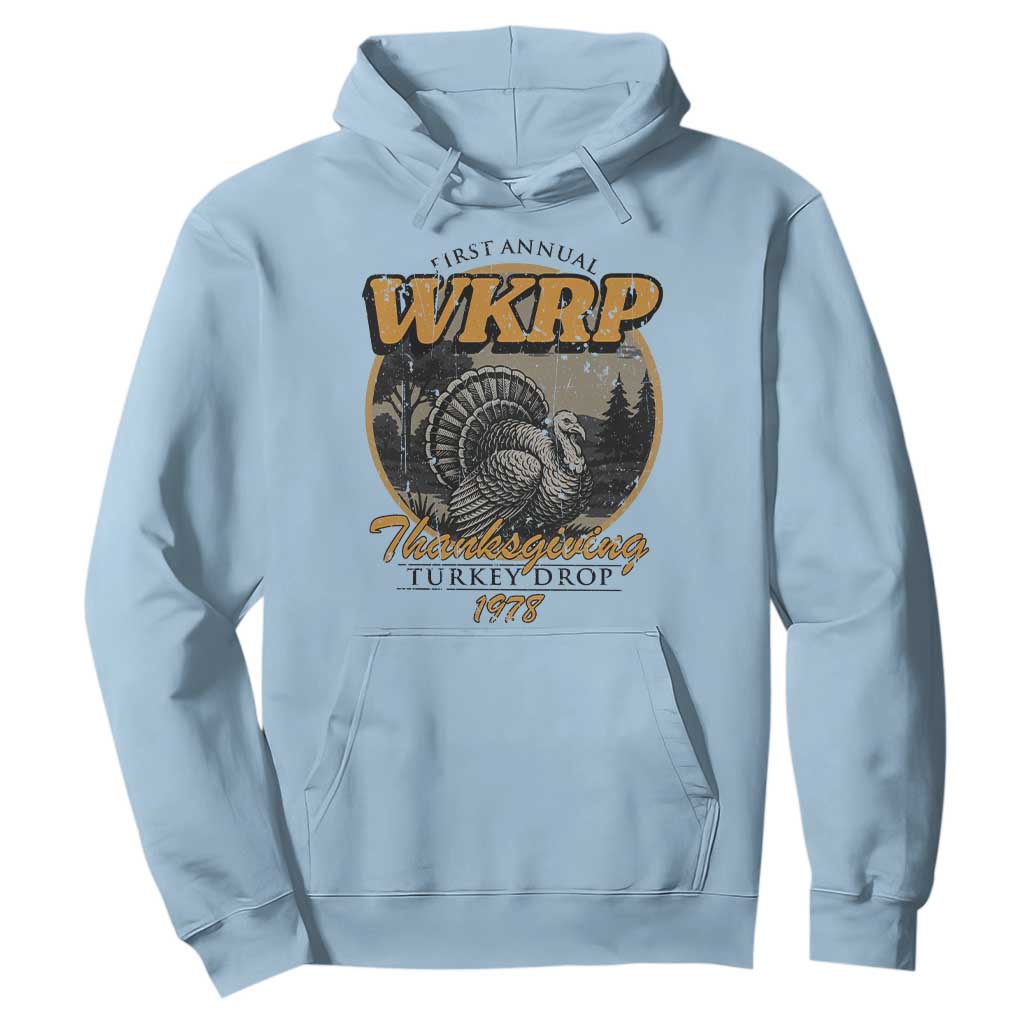 Retro WKRP Thanksgiving Turkey Drop 1978 Hoodie Distressed Vintage Holiday TS02 Light Blue Print Your Wear