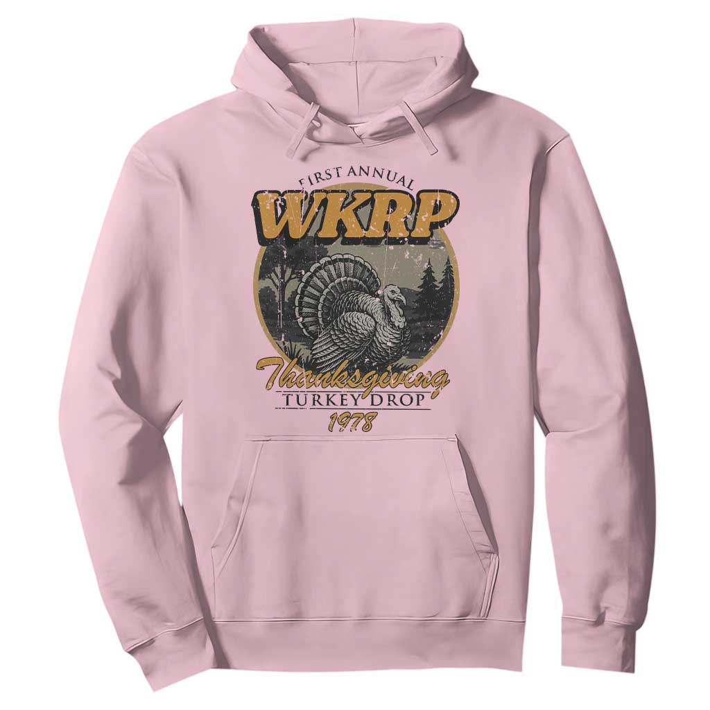 Retro WKRP Thanksgiving Turkey Drop 1978 Hoodie Distressed Vintage Holiday TS02 Light Pink Print Your Wear