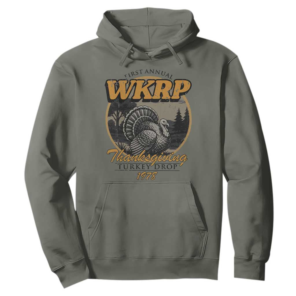 Retro WKRP Thanksgiving Turkey Drop 1978 Hoodie Distressed Vintage Holiday TS02 Military Green Print Your Wear