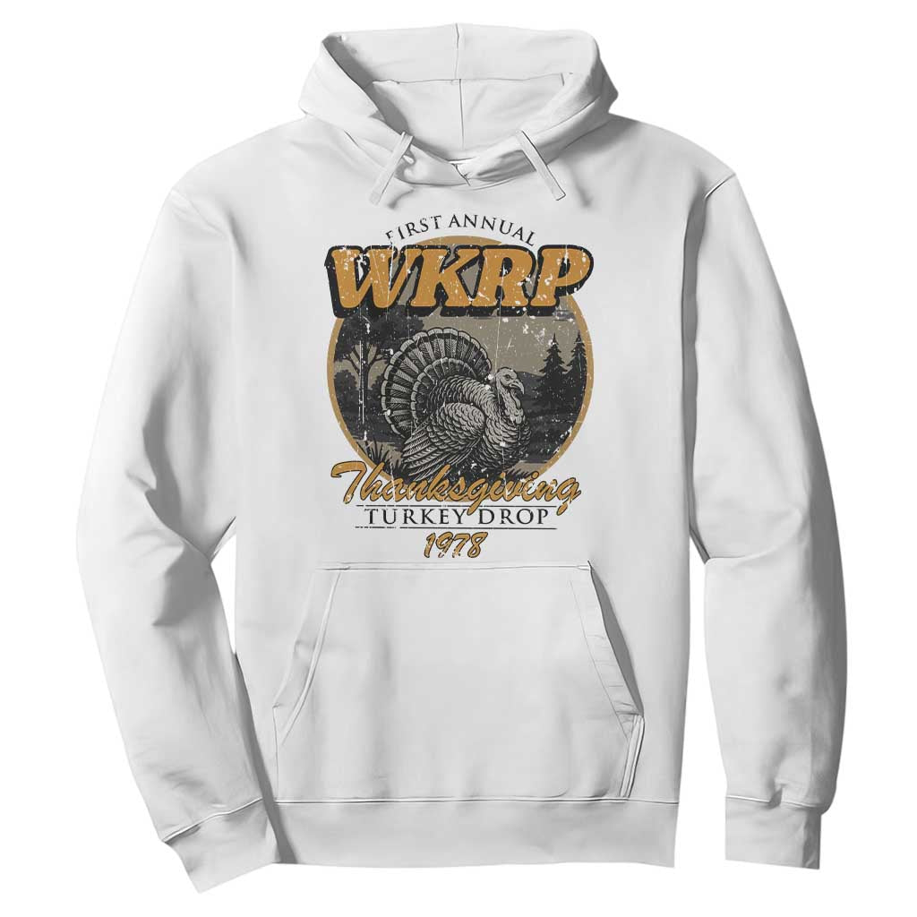 Retro WKRP Thanksgiving Turkey Drop 1978 Hoodie Distressed Vintage Holiday TS02 White Print Your Wear