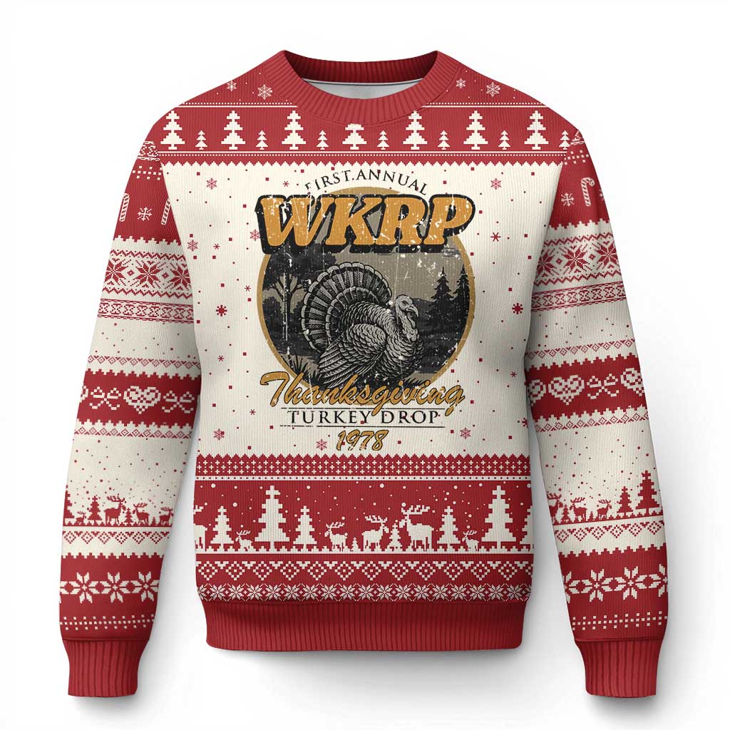 Retro WKRP Thanksgiving Turkey Drop 1978 Ugly Christmas Sweater Distressed Vintage Holiday TS02 Beige Red Print Your Wear