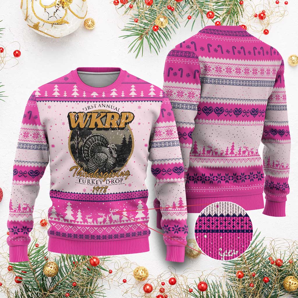 Retro WKRP Thanksgiving Turkey Drop 1978 Ugly Christmas Sweater Distressed Vintage Holiday TS02 Hot Pink Print Your Wear