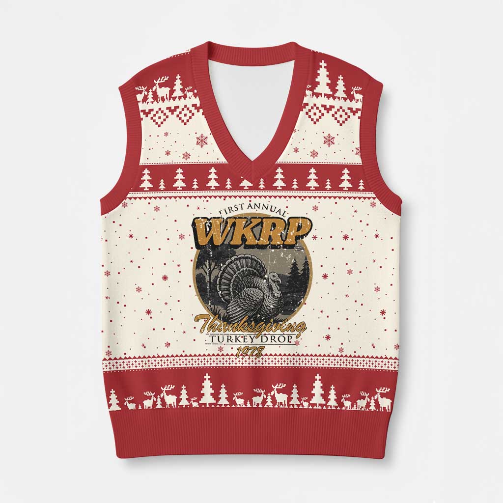 Retro WKRP Thanksgiving Turkey Drop 1978 V-Neck Knit Sweater Vest Distressed Vintage Holiday TS02 Beige Red Print Your Wear