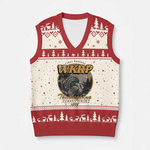 Retro WKRP Thanksgiving Turkey Drop 1978 V-Neck Knit Sweater Vest Distressed Vintage Holiday TS02 Beige Red Print Your Wear