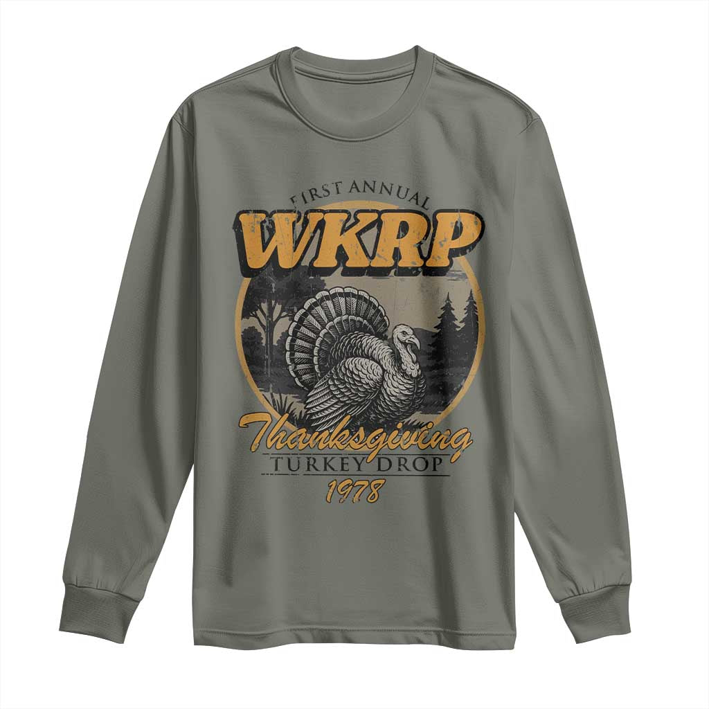Retro WKRP Thanksgiving Turkey Drop 1978 Long Sleeve Shirt Distressed Vintage Holiday TS02 Military Green Print Your Wear