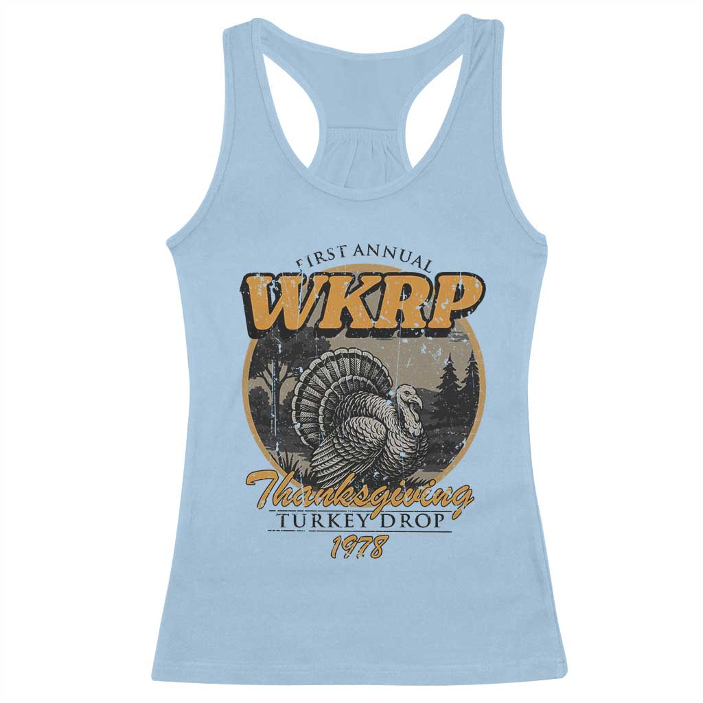 Retro WKRP Thanksgiving Turkey Drop 1978 Racerback Tank Top Distressed Vintage Holiday TS02 Light Blue Print Your Wear