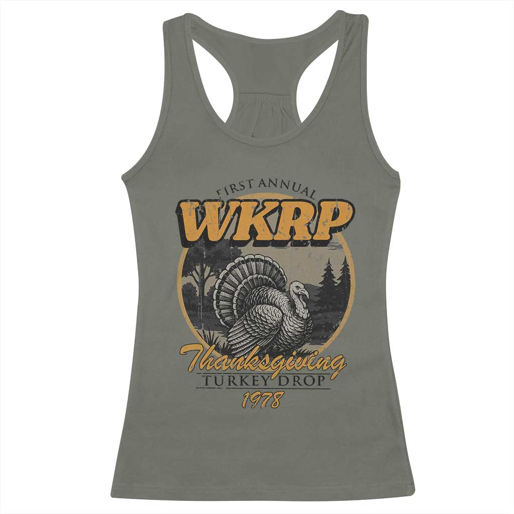 Retro WKRP Thanksgiving Turkey Drop 1978 Racerback Tank Top Distressed Vintage Holiday TS02 Military Green Print Your Wear